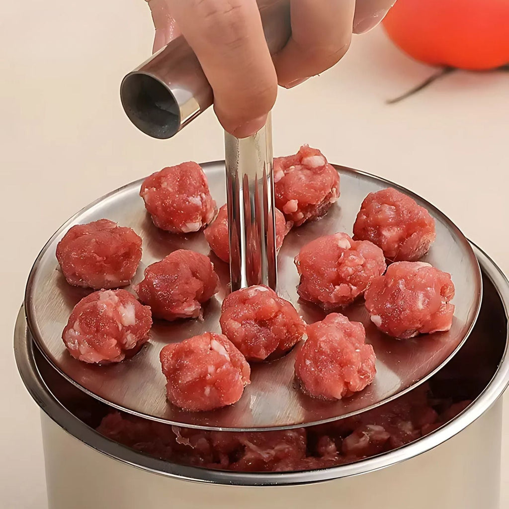 FleischKugel húsgolyó- és falafel-formázó — rozsdamentes acél, 6 vagy 12 egyforma méretű adaghoz
