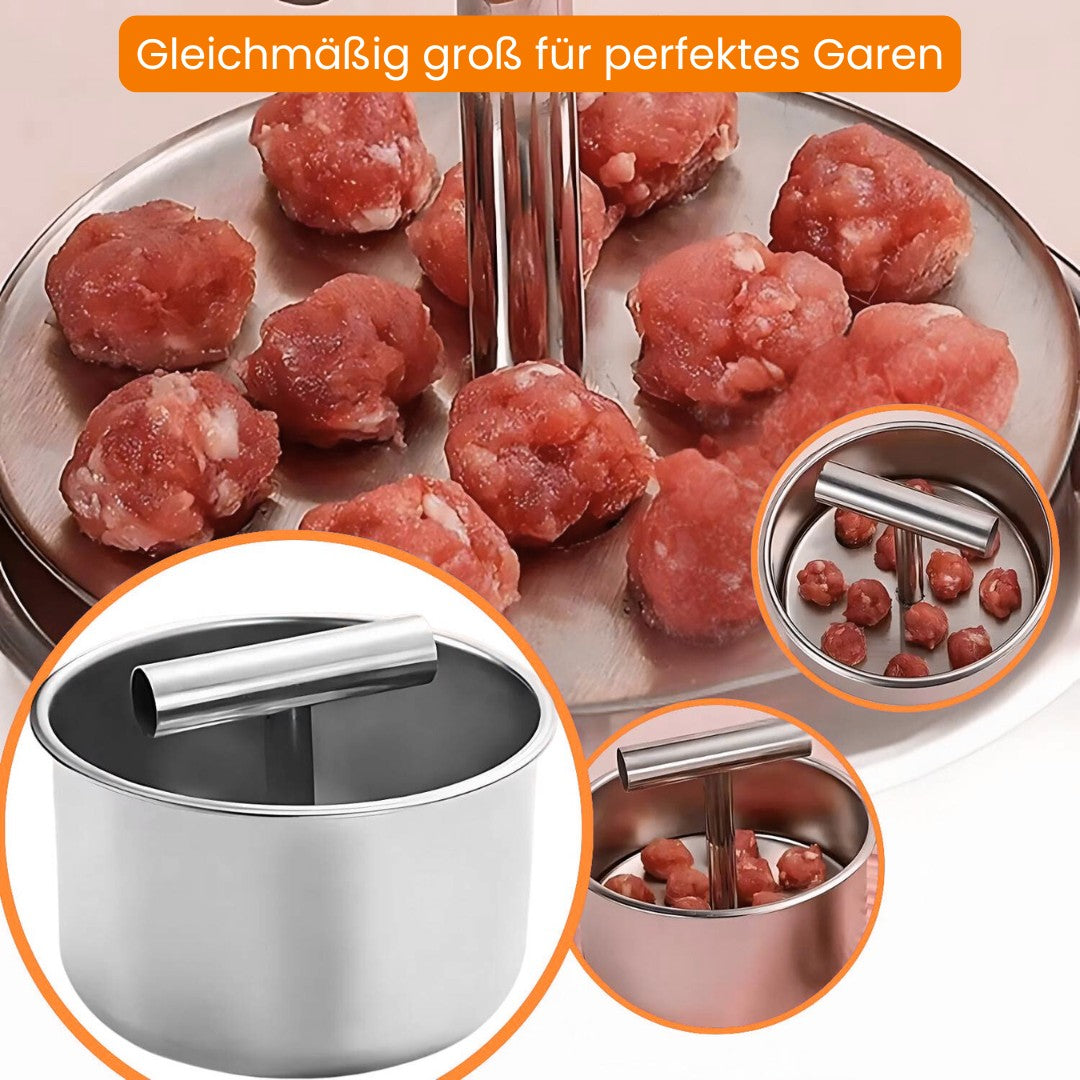 FleischKugel húsgolyó- és falafel-formázó — rozsdamentes acél, 6 vagy 12 egyforma méretű adaghoz