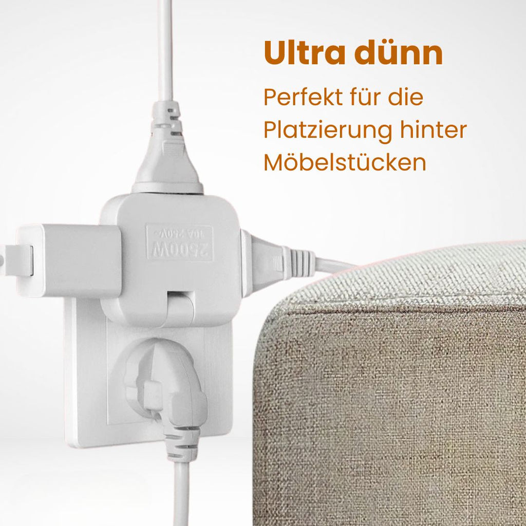 FlexiPlug roterende flad stikadapter med tre udtag — 180° justerbart hoved, ultratyndt design