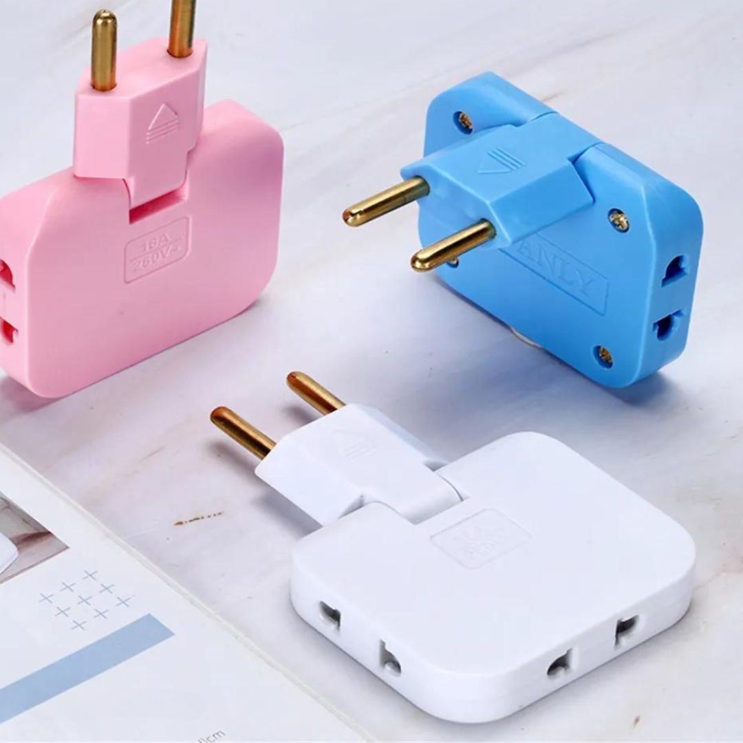 FlexiPlug roterende flad stikadapter med tre udtag — 180° justerbart hoved, ultratyndt design