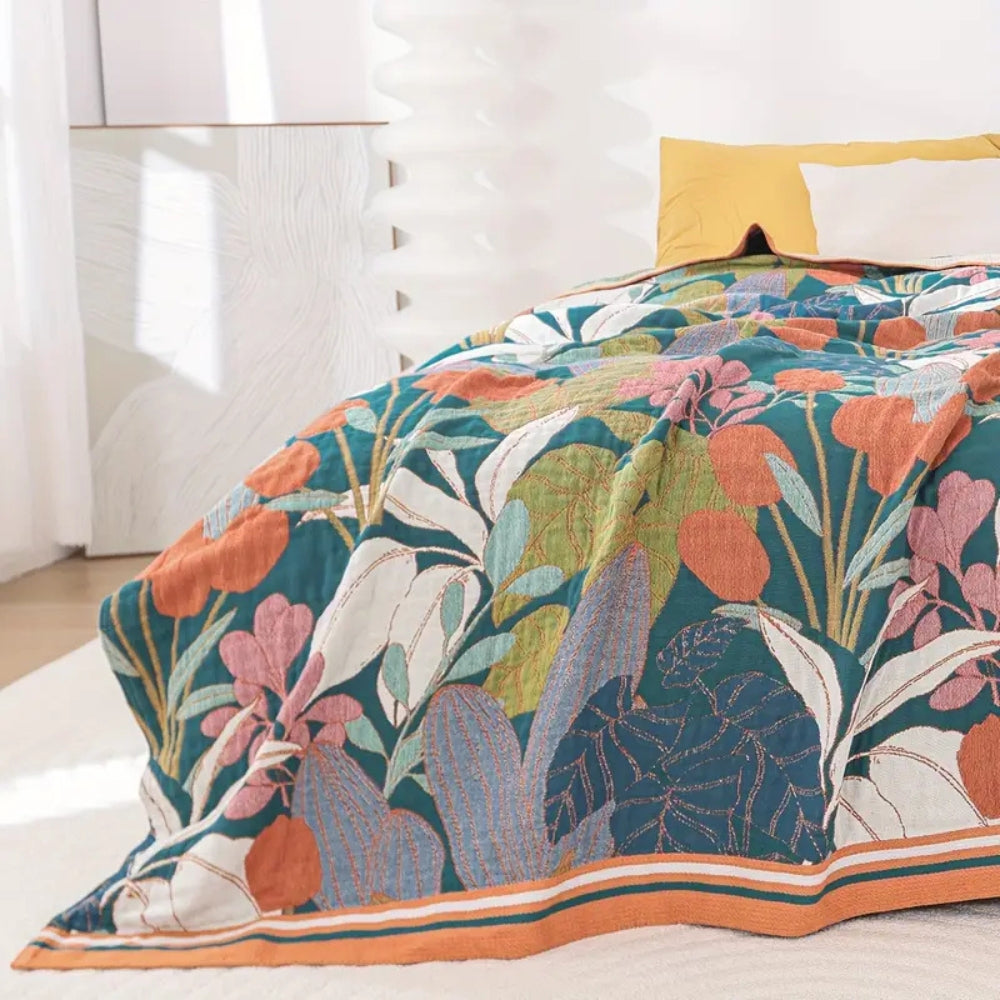 Botanical Print Cotton Gauze Throw Blanket | Ka-mostore