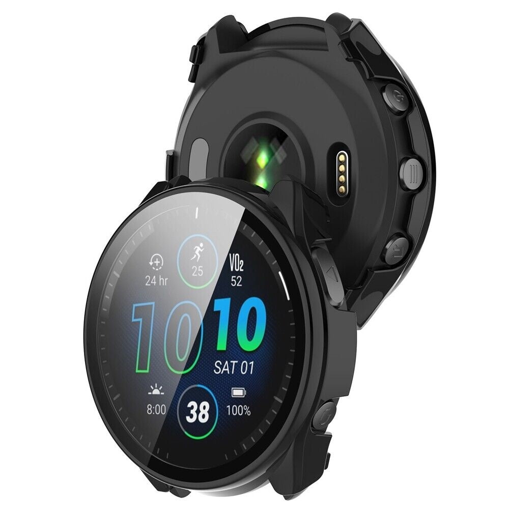 Beskyttelsesdeksel til Garmin Forerunner 965 — skjermbeskyttelse i glass, solid skall, presis passform, svart