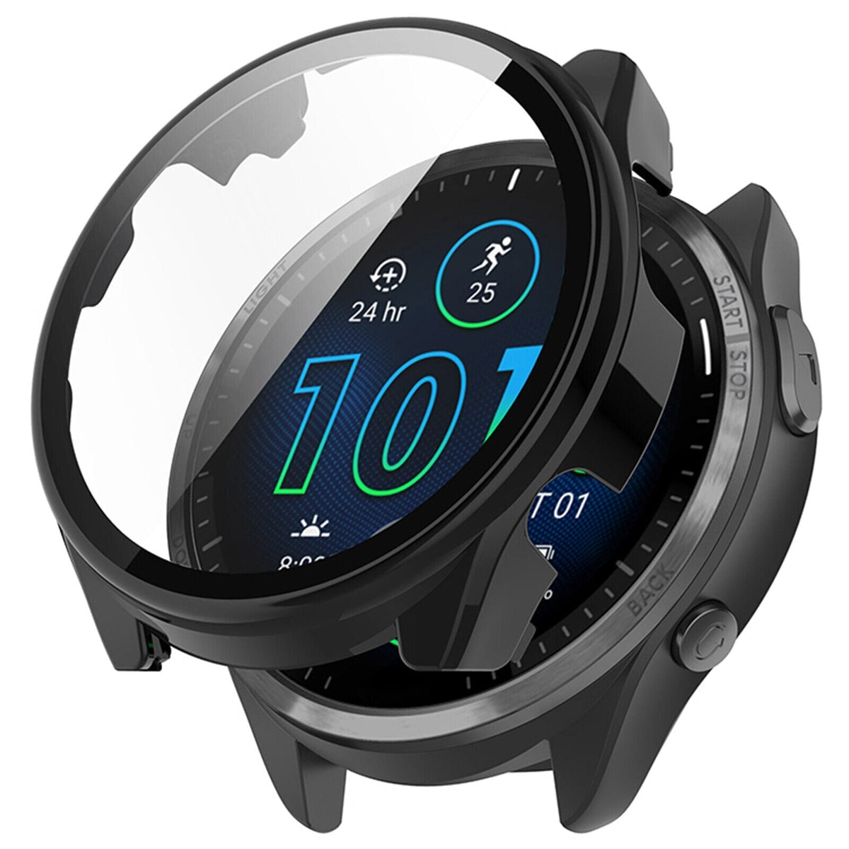 Beskyttelsesdeksel til Garmin Forerunner 965 — skjermbeskyttelse i glass, solid skall, presis passform, svart