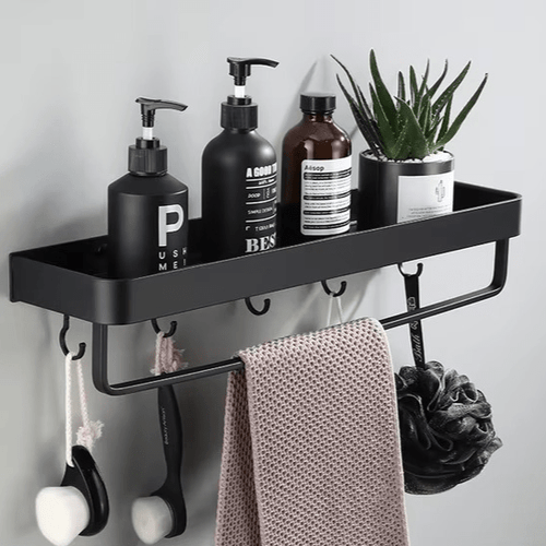 Adhesive Wall Shower Shelf With Optional Towel Hook, No-Drill Mount, Black Or White