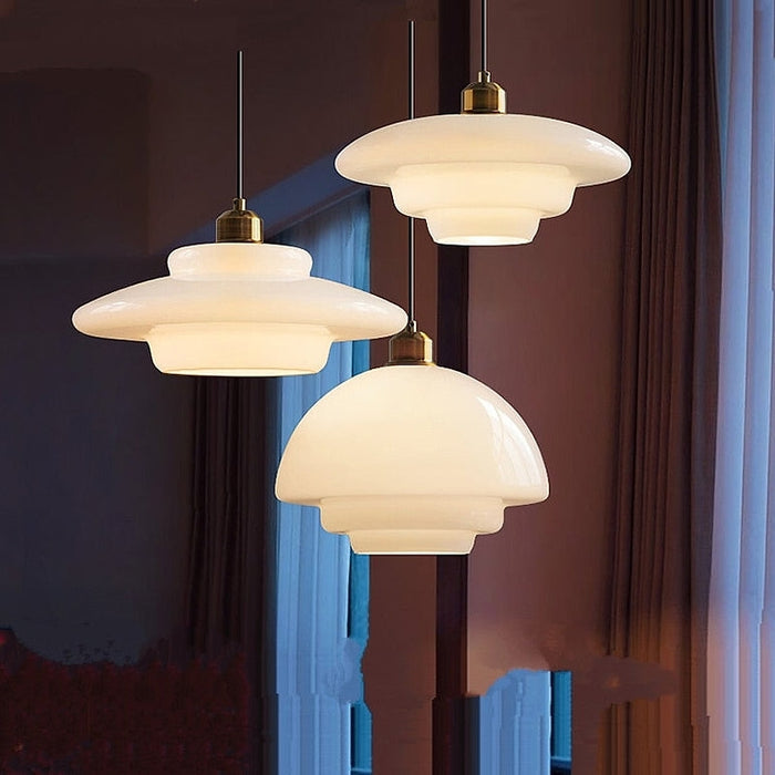 Astria Pendant Light In Ivory Glass Shade For Classic 1950s Interior Decor Style