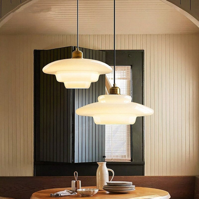 Astria Pendant Light In Ivory Glass Shade For Classic 1950s Interior Decor Style