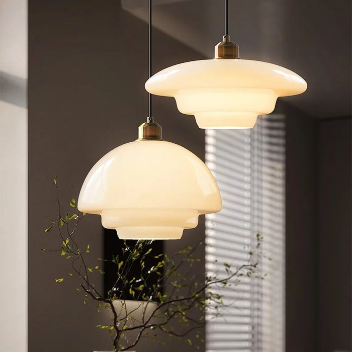 Astria Pendant Light In Ivory Glass Shade For Classic 1950s Interior Decor Style