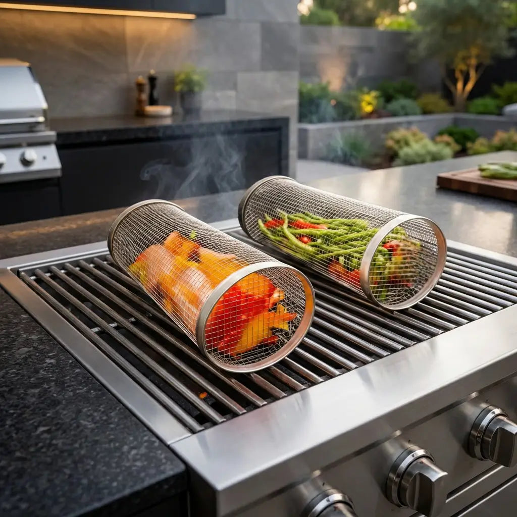 Cesto de grelhador para churrasco em aço inoxidável Flammora — design cilíndrico rotativo para legumes, peixe e alimentos pequenos