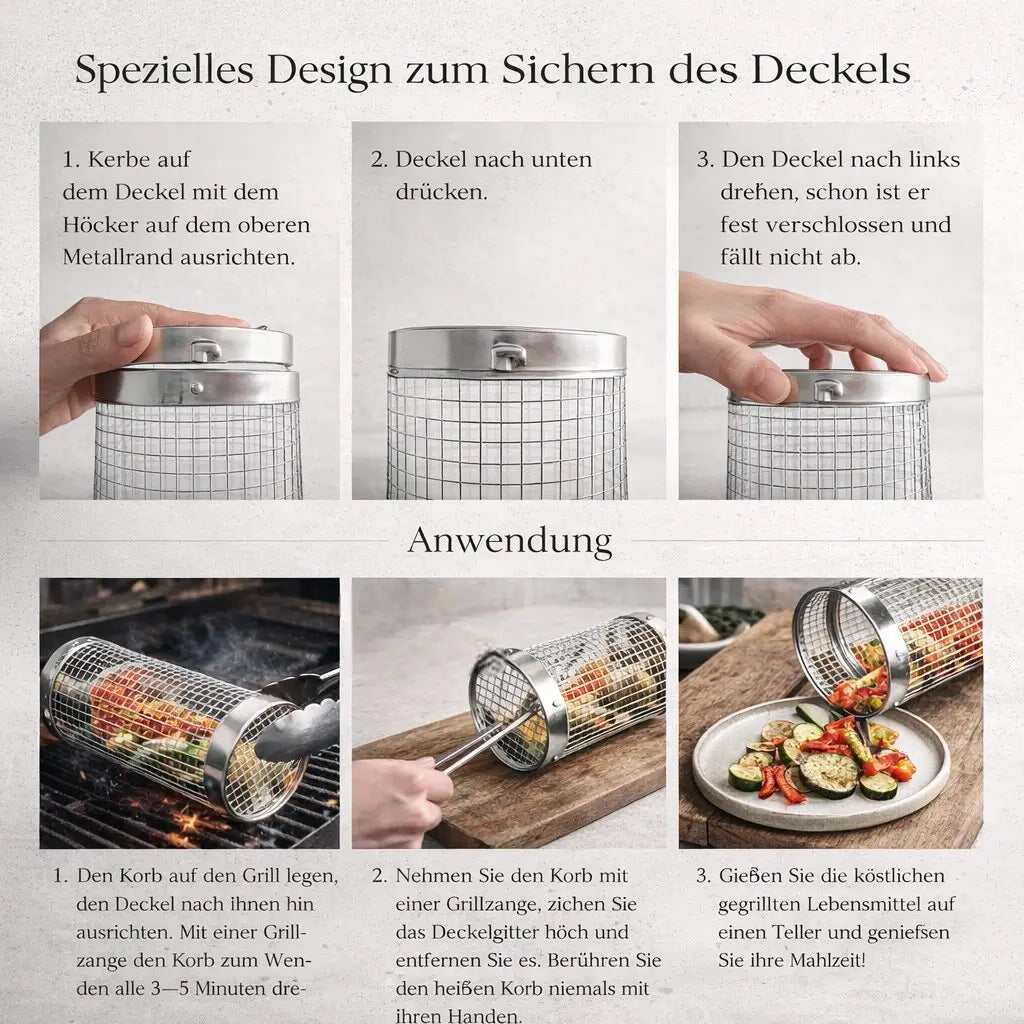 Cesto de grelhador para churrasco em aço inoxidável Flammora — design cilíndrico rotativo para legumes, peixe e alimentos pequenos