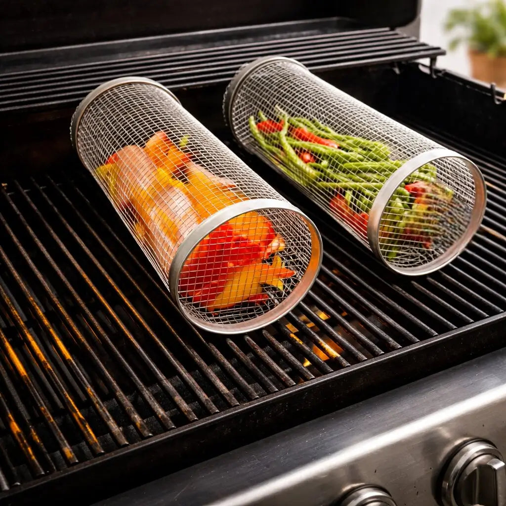 Cesto de grelhador para churrasco em aço inoxidável Flammora — design cilíndrico rotativo para legumes, peixe e alimentos pequenos