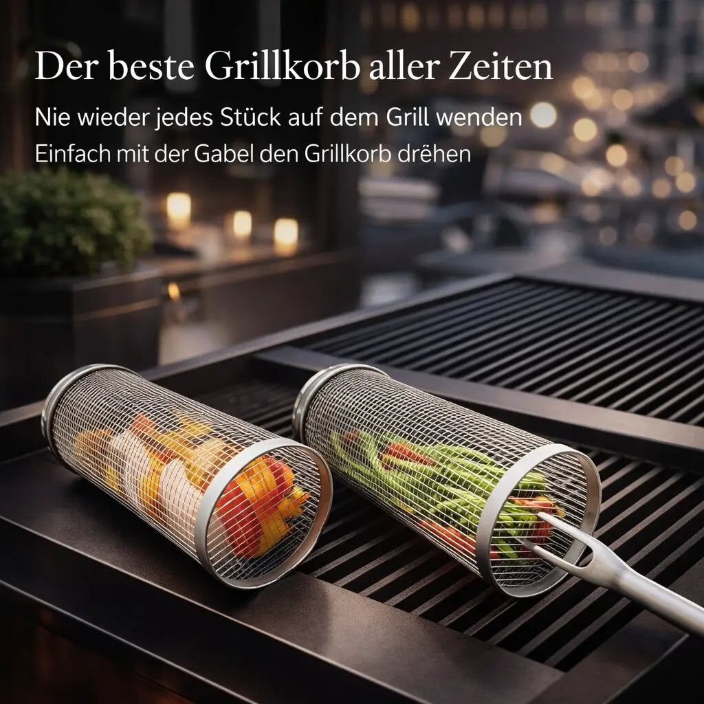 Cesto de grelhador para churrasco em aço inoxidável Flammora — design cilíndrico rotativo para legumes, peixe e alimentos pequenos