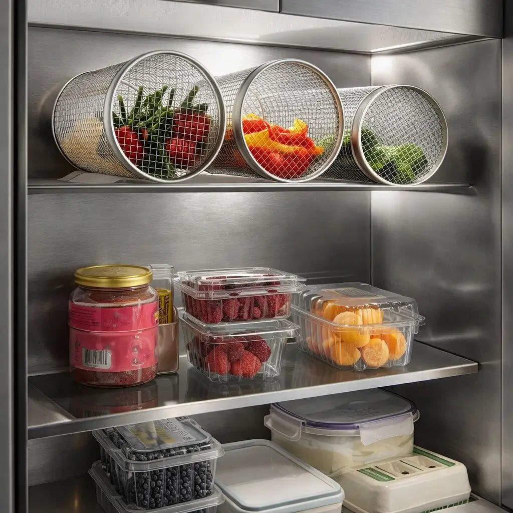 Cesto de grelhador para churrasco em aço inoxidável Flammora — design cilíndrico rotativo para legumes, peixe e alimentos pequenos