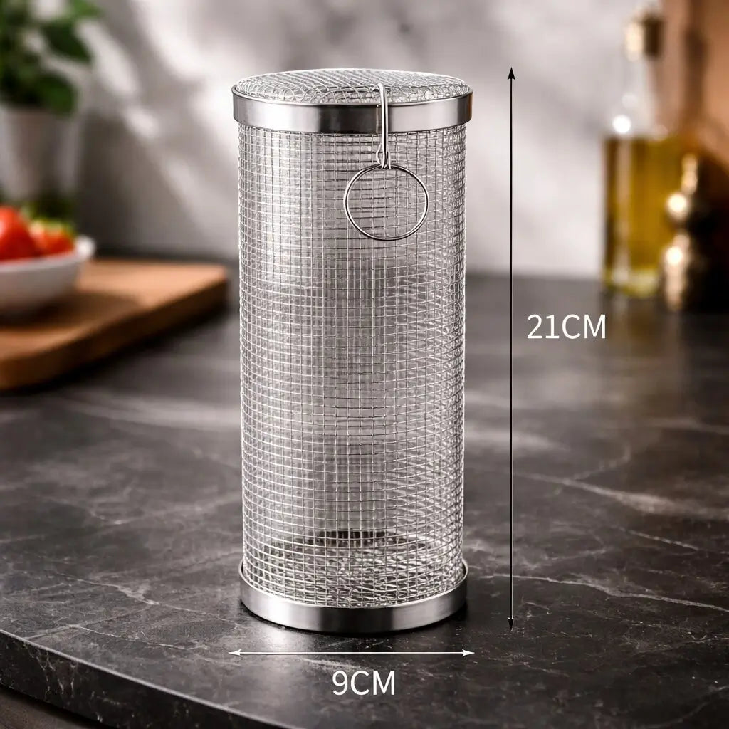 Cesto de grelhador para churrasco em aço inoxidável Flammora — design cilíndrico rotativo para legumes, peixe e alimentos pequenos