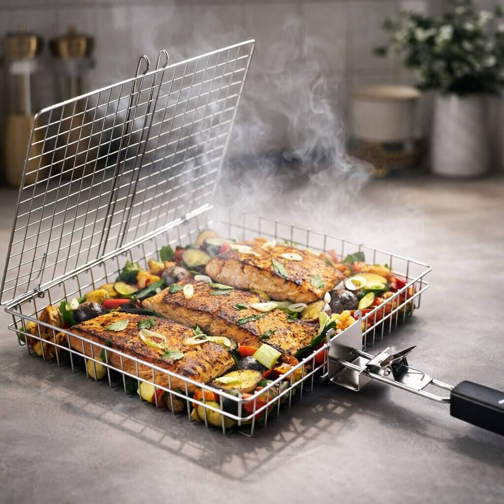 FlammenWerk Edelstahl-Grillkorb für Fleisch, Fisch und Gemüse