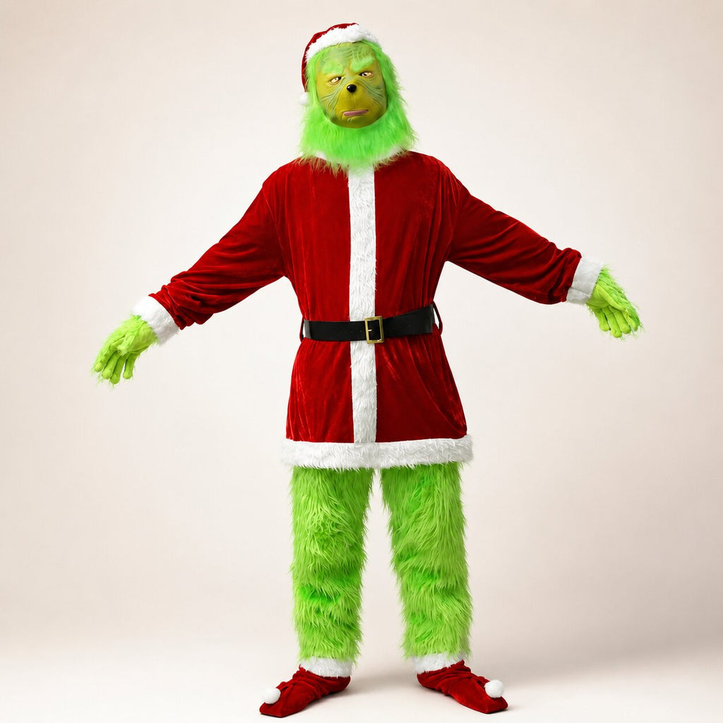 Costum de Halloween Grinch — mască verde și ținută roșie în stilul Crăciunului