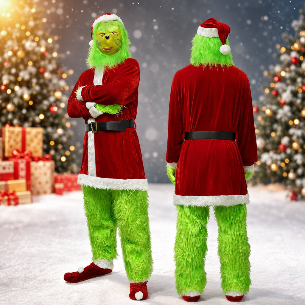 Costum de Halloween Grinch — mască verde și ținută roșie în stilul Crăciunului