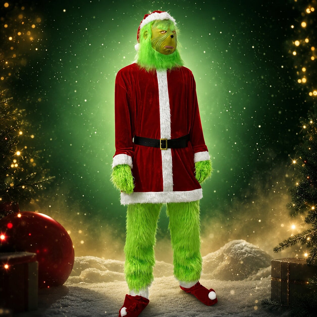 Costum de Halloween Grinch — mască verde și ținută roșie în stilul Crăciunului