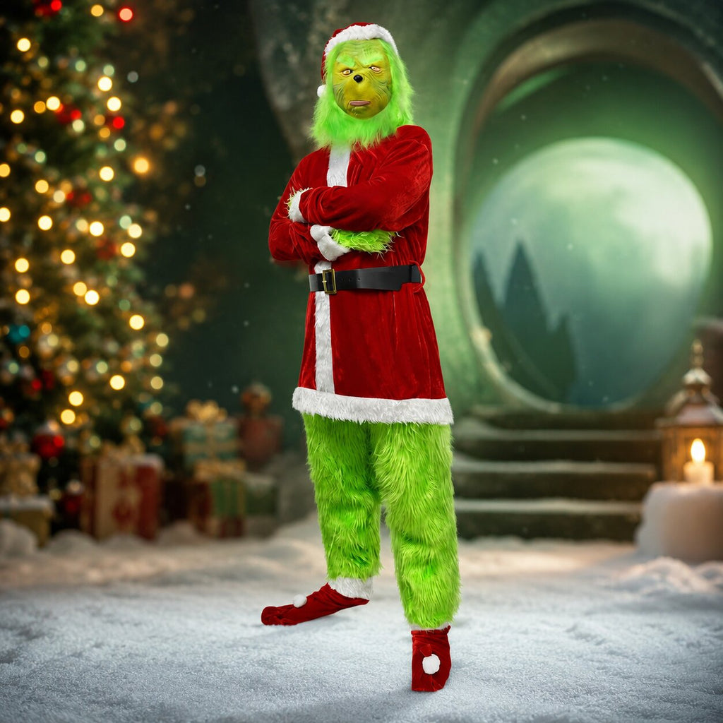 Costum de Halloween Grinch — mască verde și ținută roșie în stilul Crăciunului