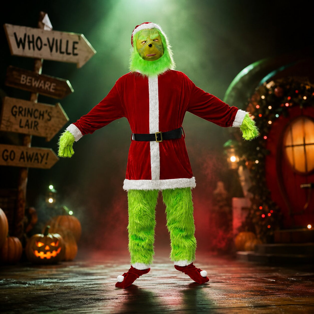 Costum de Halloween Grinch — mască verde și ținută roșie în stilul Crăciunului