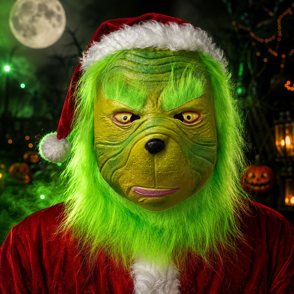 Costum de Halloween Grinch — mască verde și ținută roșie în stilul Crăciunului
