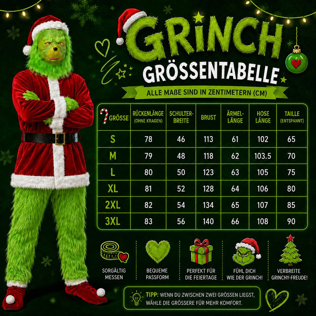 Costum de Halloween Grinch — mască verde și ținută roșie în stilul Crăciunului