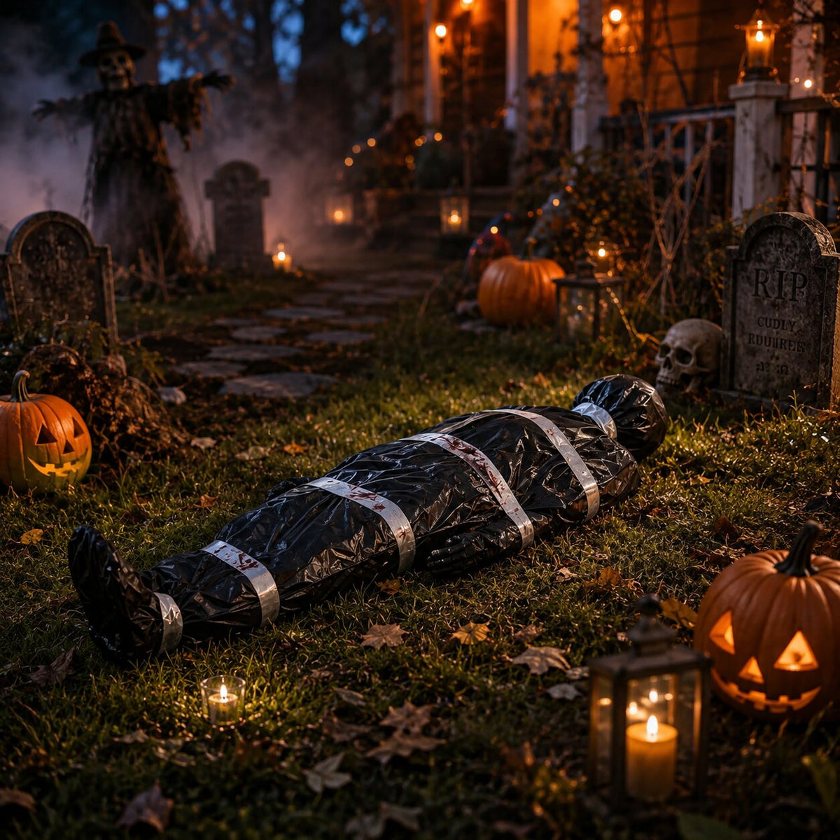 Halloween-dekoration i naturlig storlek föreställande ett lik — inlindad kroppsform för kusliga miljöer