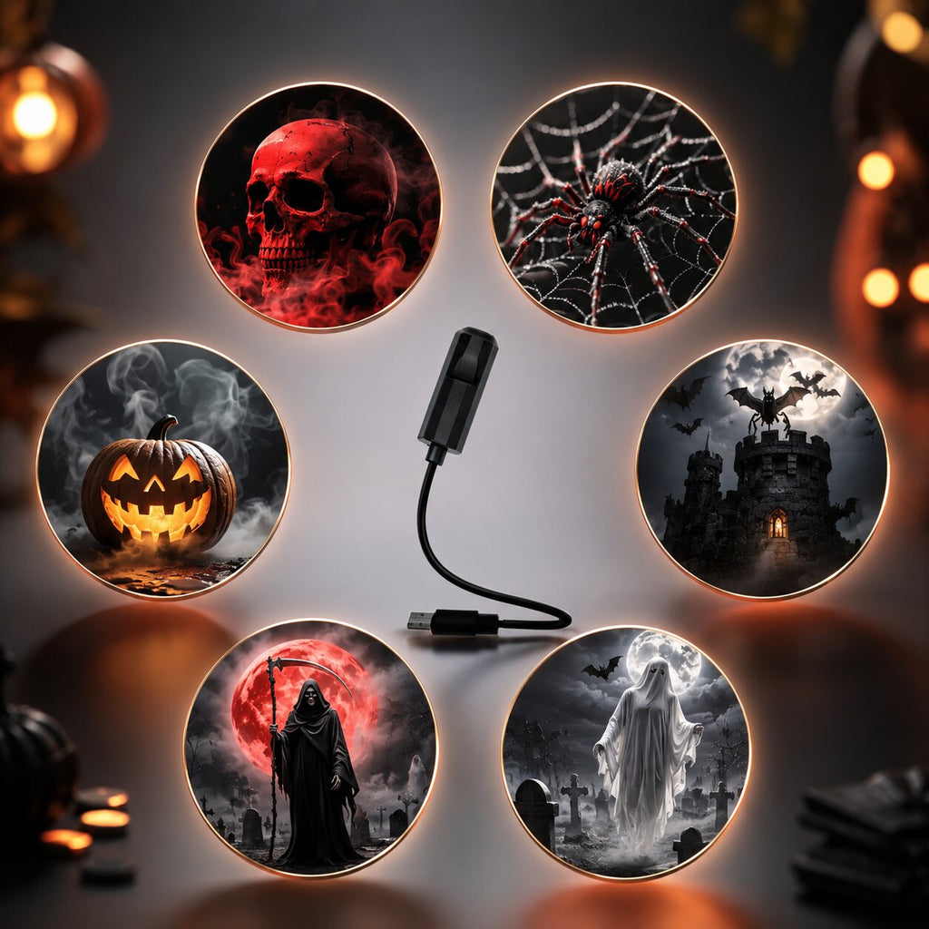Halloween-projektor — 6 skumle motiver med gresskar, spøkelser og hodeskaller