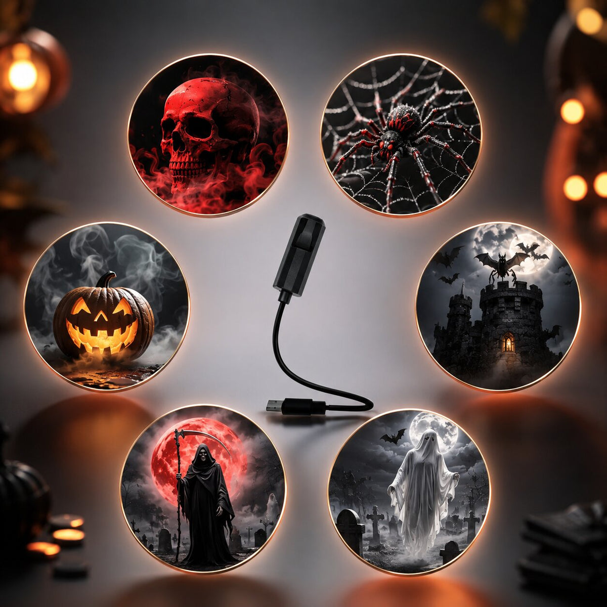 Halloween-projektor — 6 skumle motiver med gresskar, spøkelser og hodeskaller