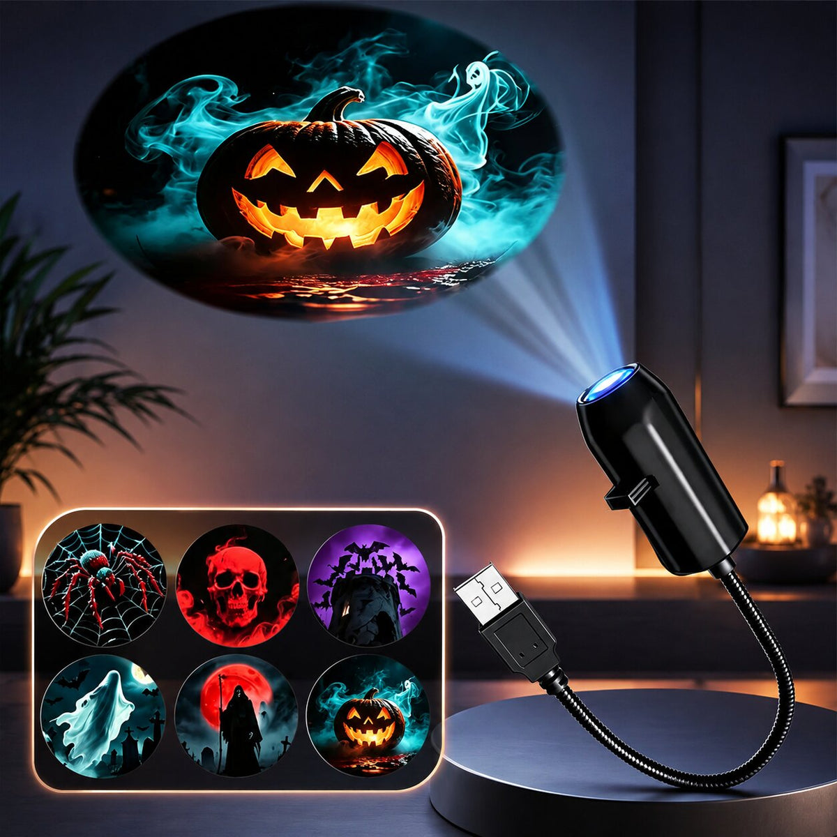Halloween-projektor — 6 skumle motiver med gresskar, spøkelser og hodeskaller