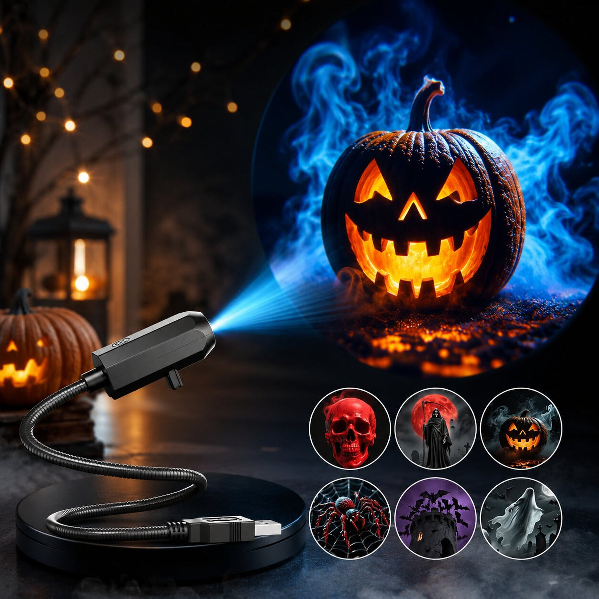 Halloween-projektor — 6 skumle motiver med gresskar, spøkelser og hodeskaller