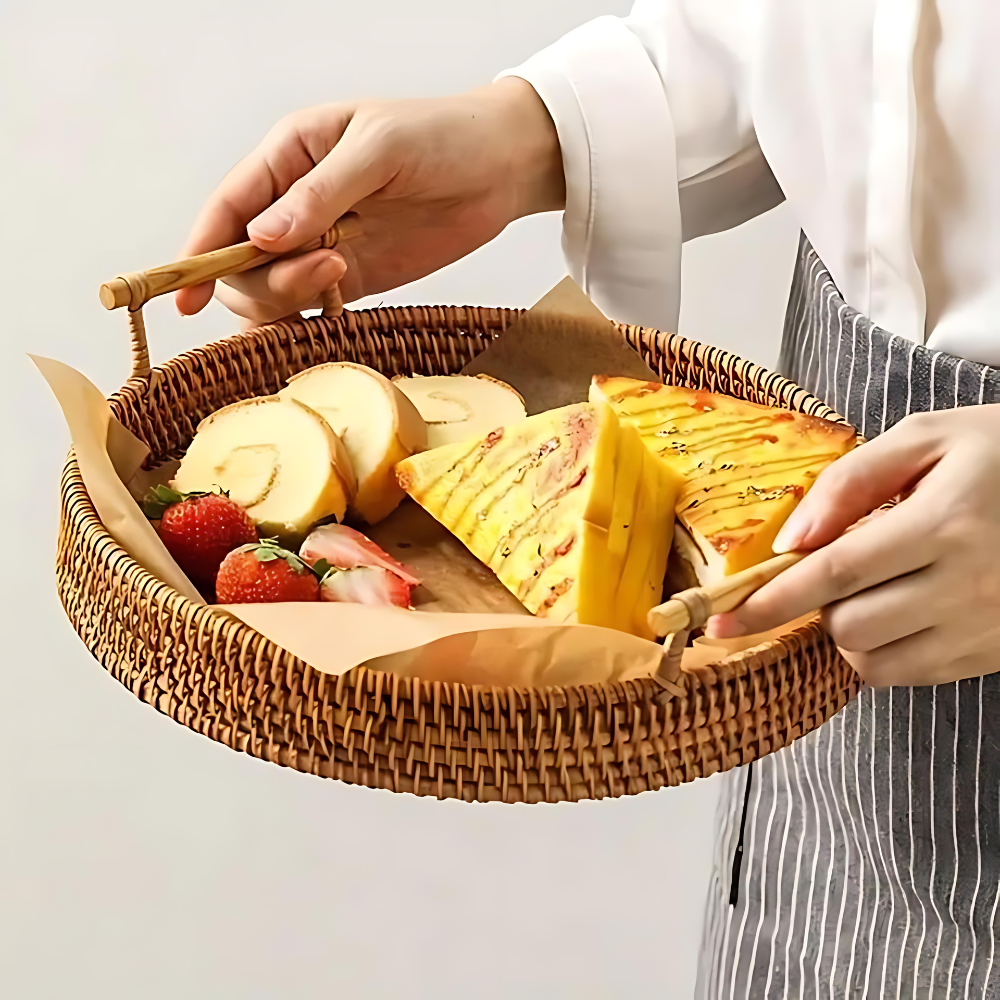 Woven Rattan Round Tray with Handles | Ka-mostore