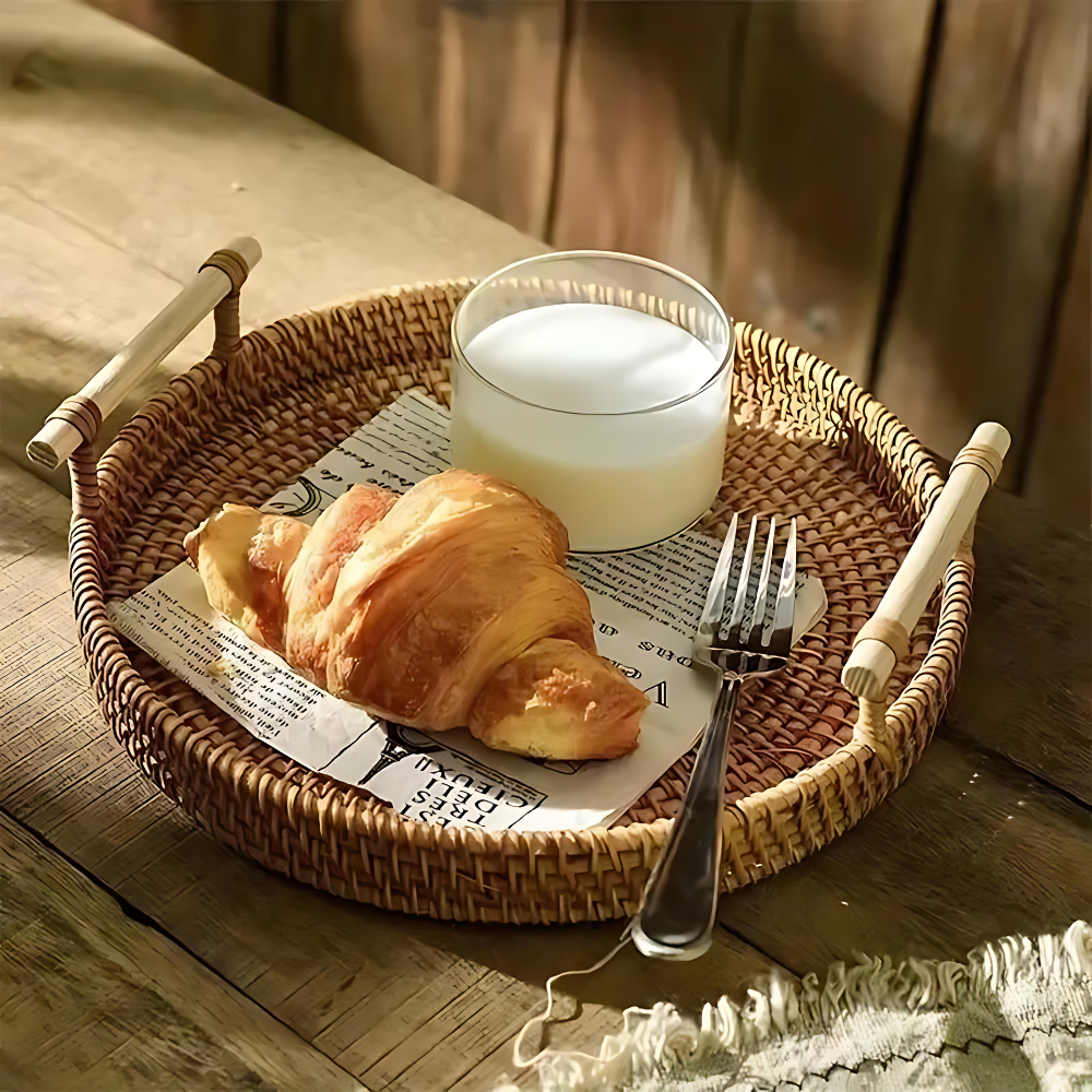Woven Rattan Round Tray with Handles | Ka-mostore