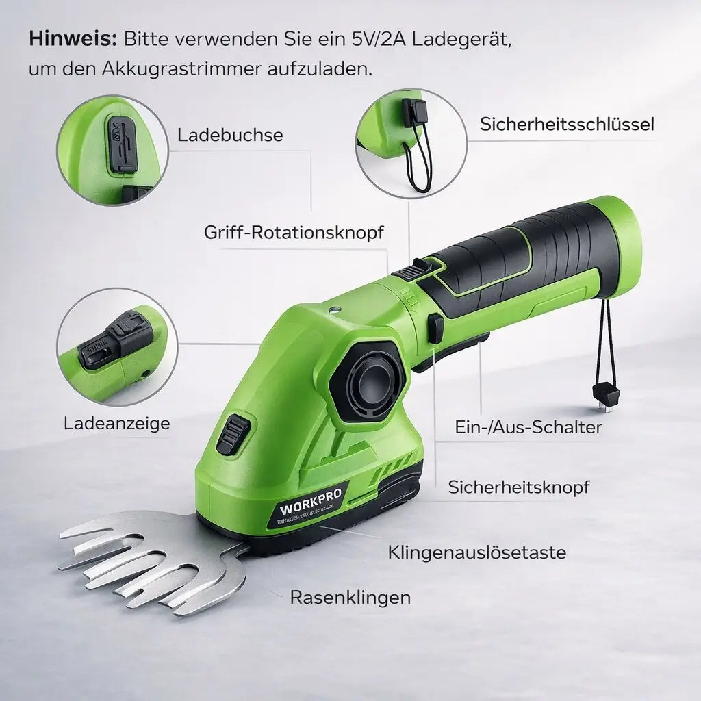 Tagliasiepi e cesoia per erba senza fili GrünKlinge — Lame intercambiabili, design compatto