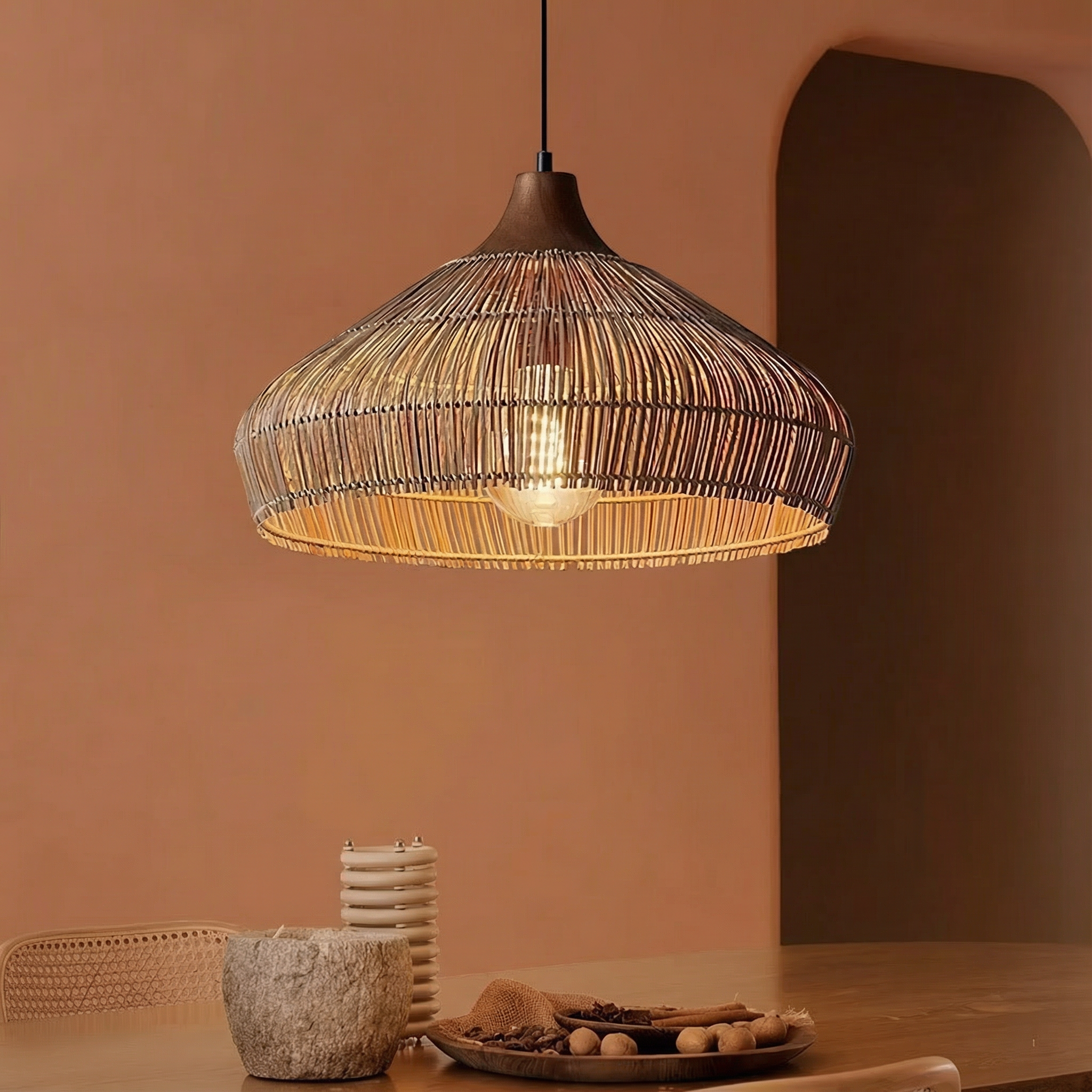 AeroWeave Woven Rattan Pendant Light For Kitchen Decor And Dining Spaces In Modern Homes