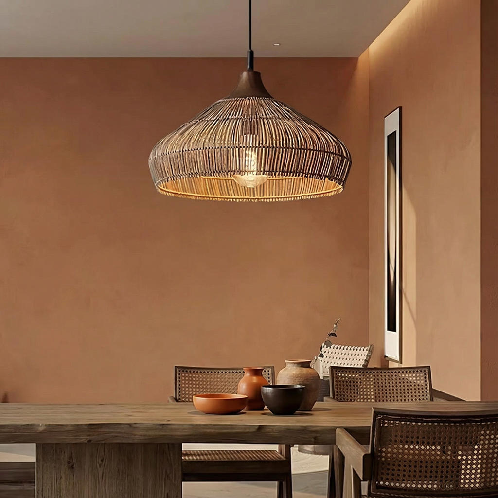 AeroWeave Woven Rattan Pendant Light For Kitchen Decor And Dining Spaces In Modern Homes