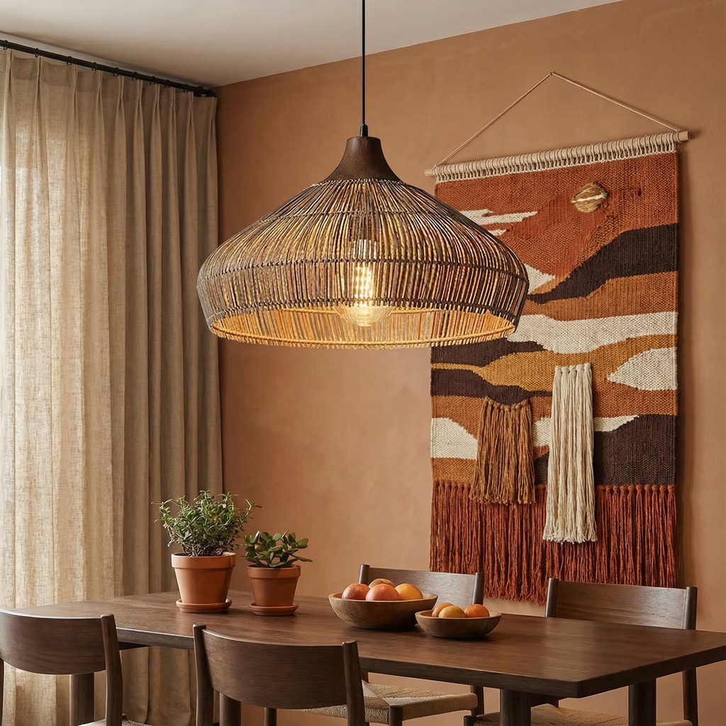 AeroWeave Woven Rattan Pendant Light For Kitchen Decor And Dining Spaces In Modern Homes