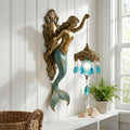 Mermaid Resin Wall Lamp With Glass Shade And Crystal Pendants, Indoor Ambient Light