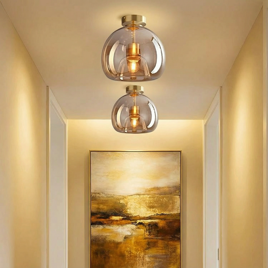 AstraLume Modern Copper Finish Flush Mount Light Fixture With Glass Shade For Hallways And Living Rooms