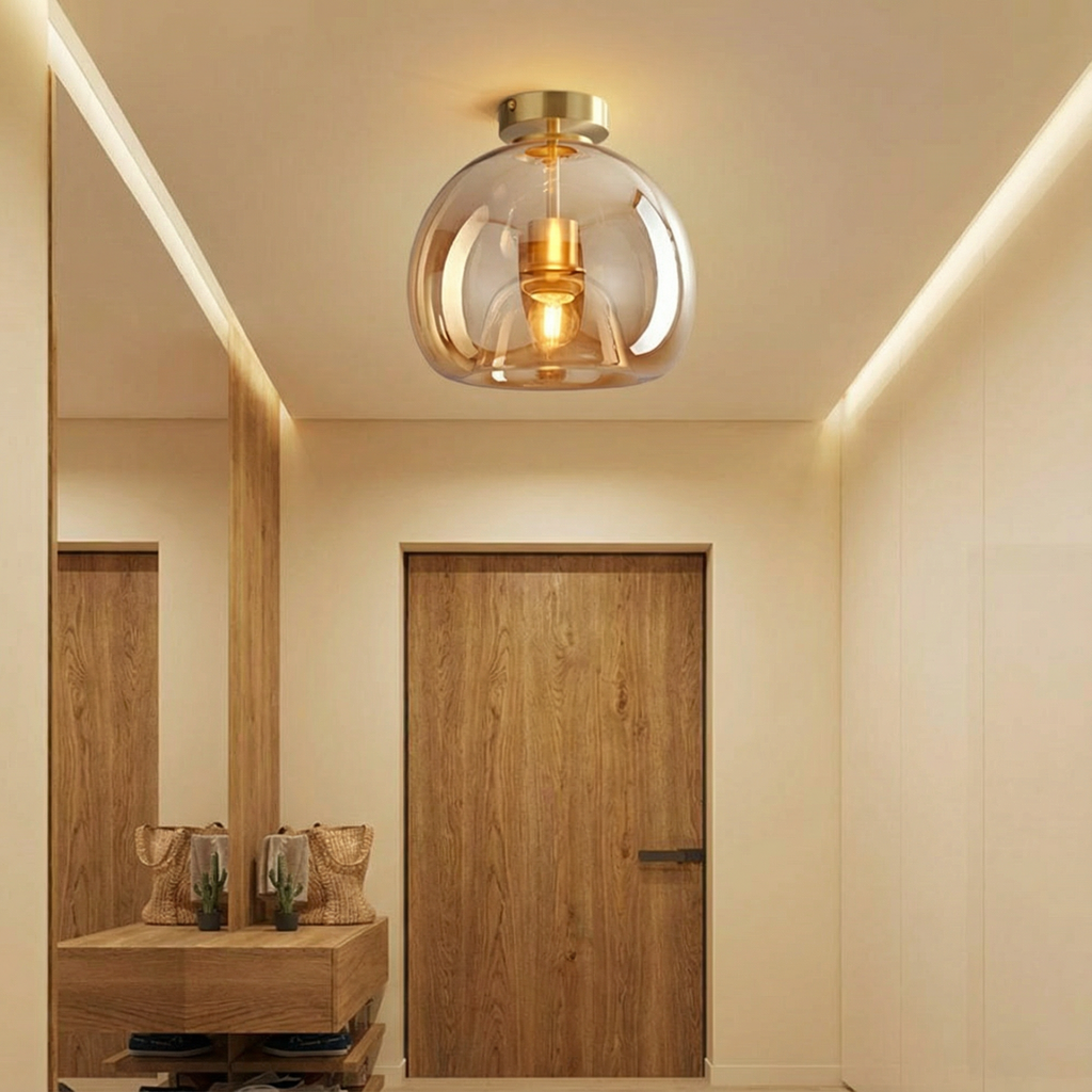 AstraLume Modern Copper Finish Flush Mount Light Fixture With Glass Shade For Hallways And Living Rooms