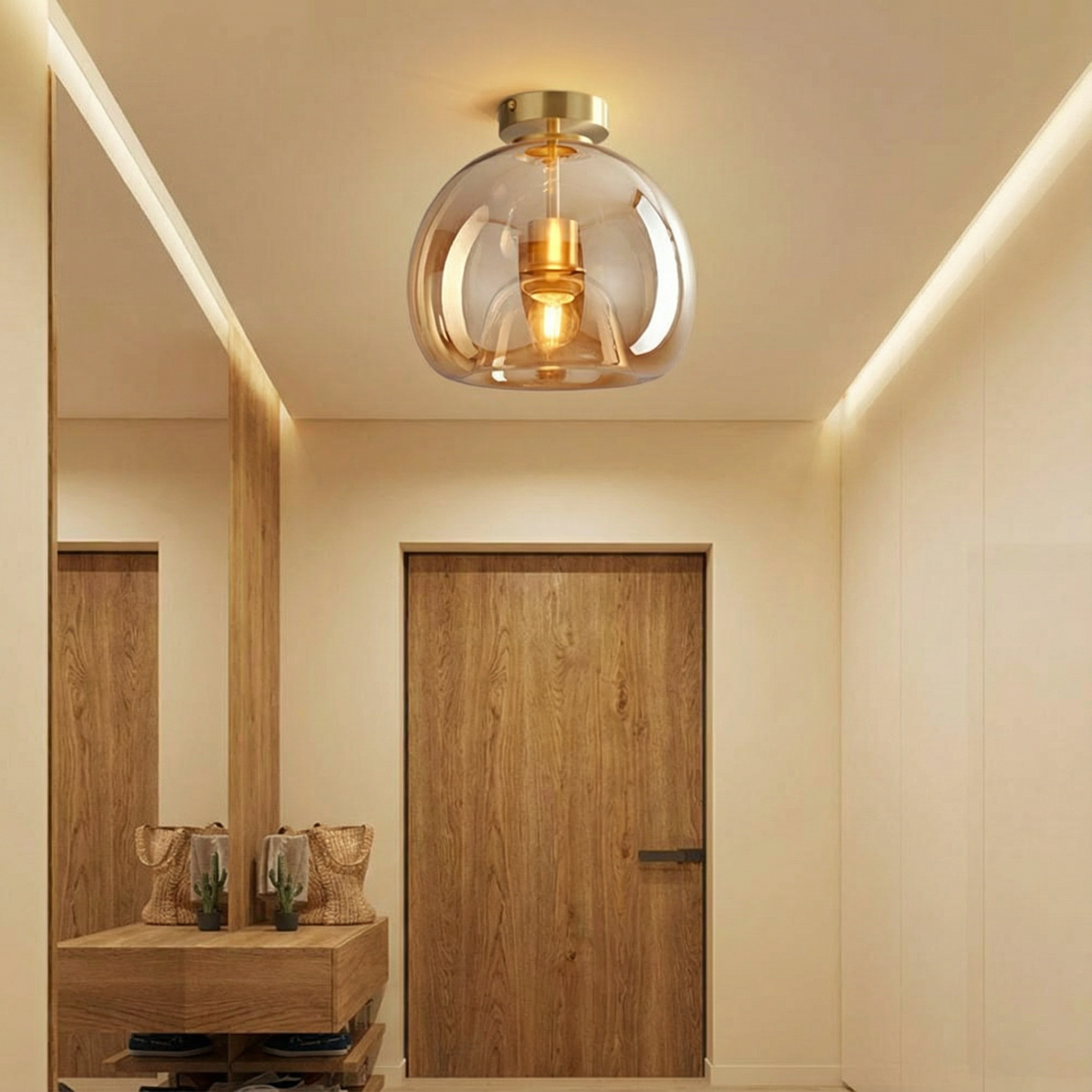 AstraLume Modern Copper Finish Flush Mount Light Fixture With Glass Shade For Hallways And Living Rooms
