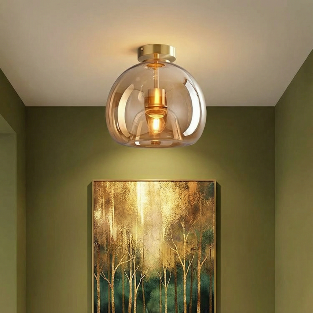 AstraLume Modern Copper Finish Flush Mount Light Fixture With Glass Shade For Hallways And Living Rooms