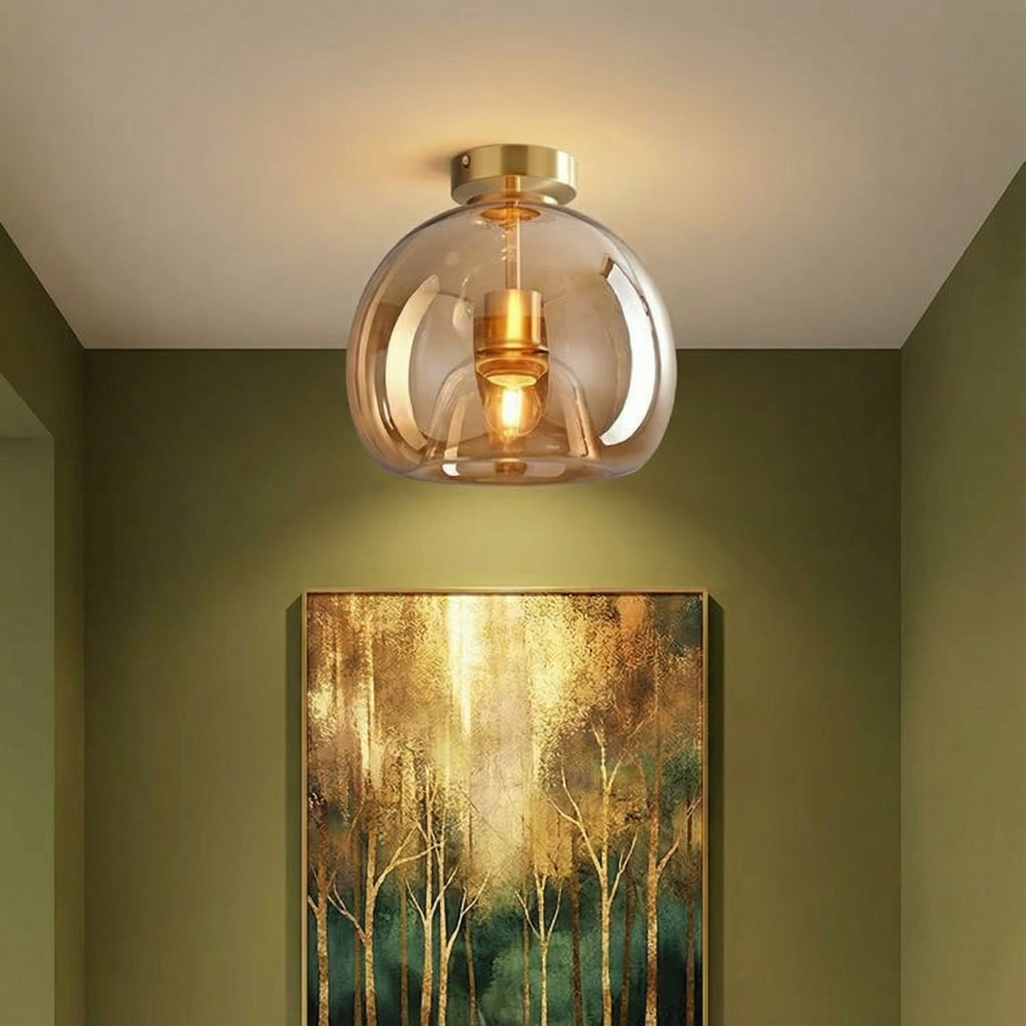 AstraLume Modern Copper Finish Flush Mount Light Fixture With Glass Shade For Hallways And Living Rooms
