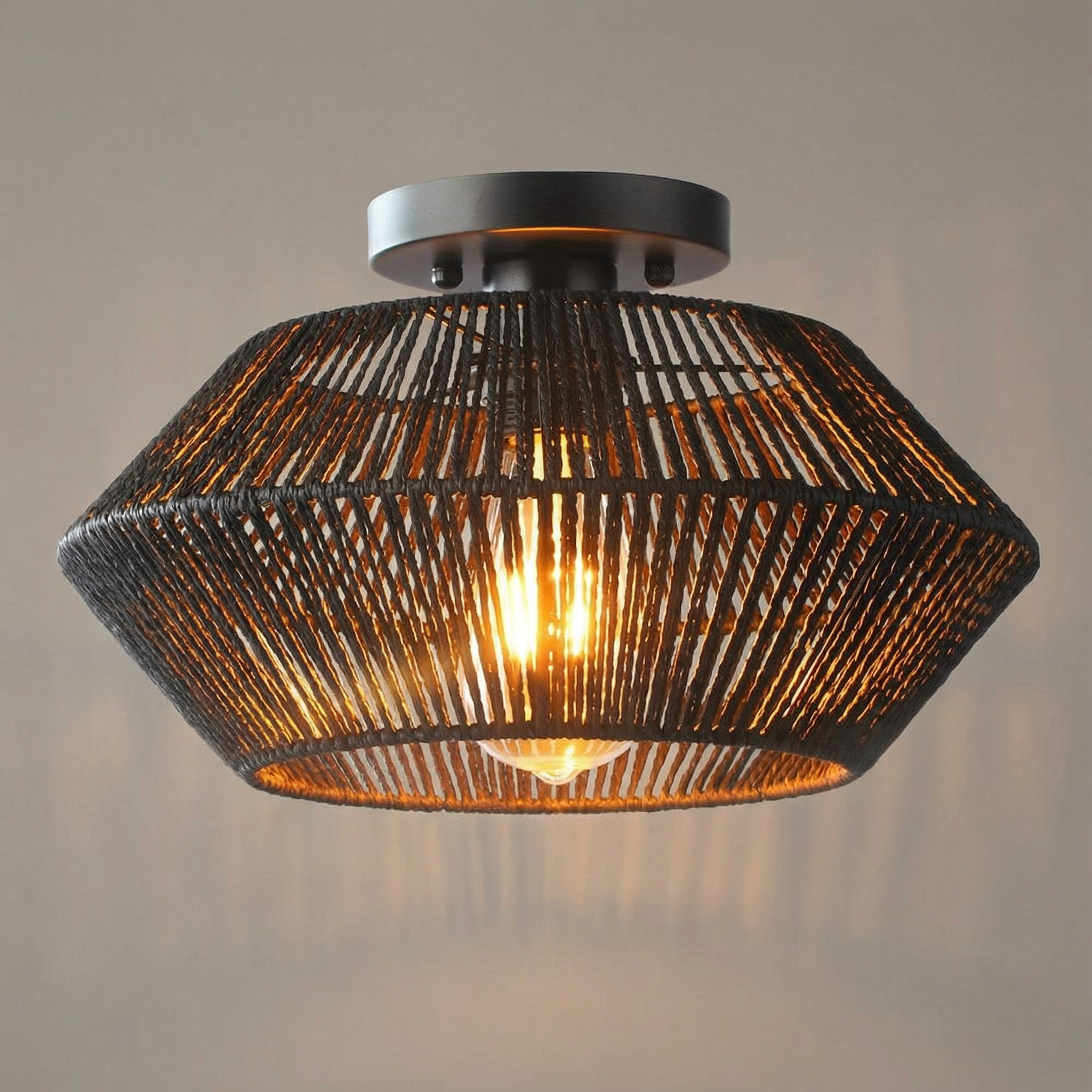 Emerald Weave Handwoven Bamboo Ceiling Light With Flush Mount Design For Modern Interiors
