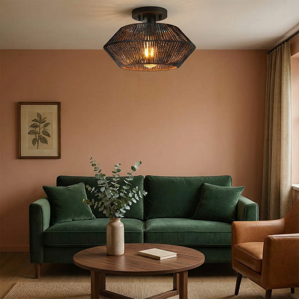 Emerald Weave Handwoven Bamboo Ceiling Light With Flush Mount Design For Modern Interiors