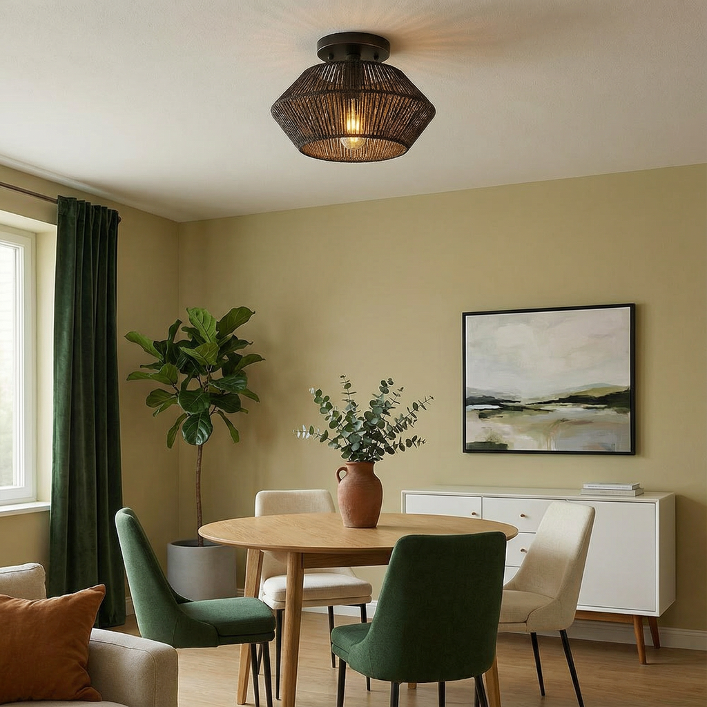 Emerald Weave Handwoven Bamboo Ceiling Light With Flush Mount Design For Modern Interiors
