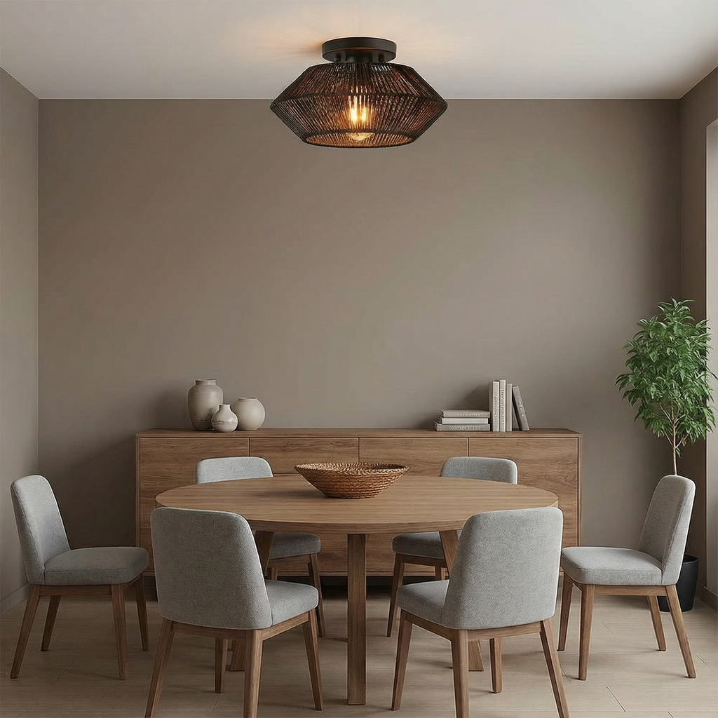 Emerald Weave Handwoven Bamboo Ceiling Light With Flush Mount Design For Modern Interiors