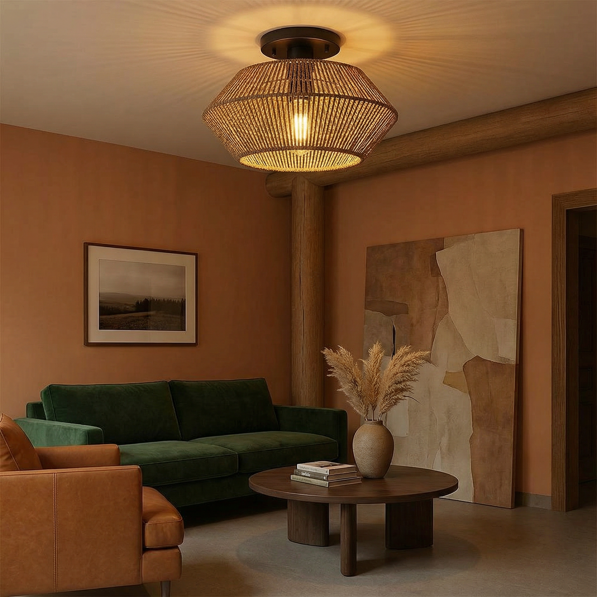 Emerald Weave Handwoven Bamboo Ceiling Light With Flush Mount Design For Modern Interiors