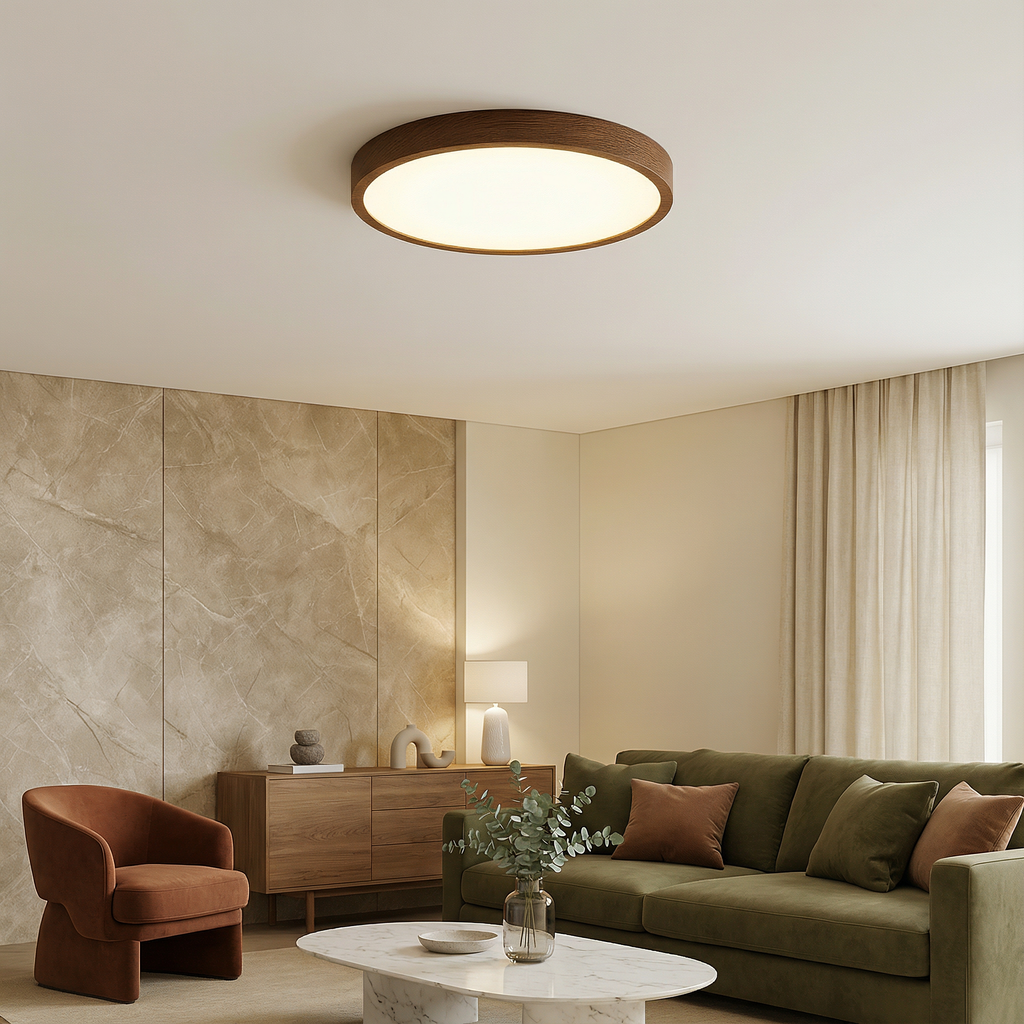 TimberGlow Warm Woodgrain Flush-Mount Ceiling Light For Modern Living Spaces And Rooms