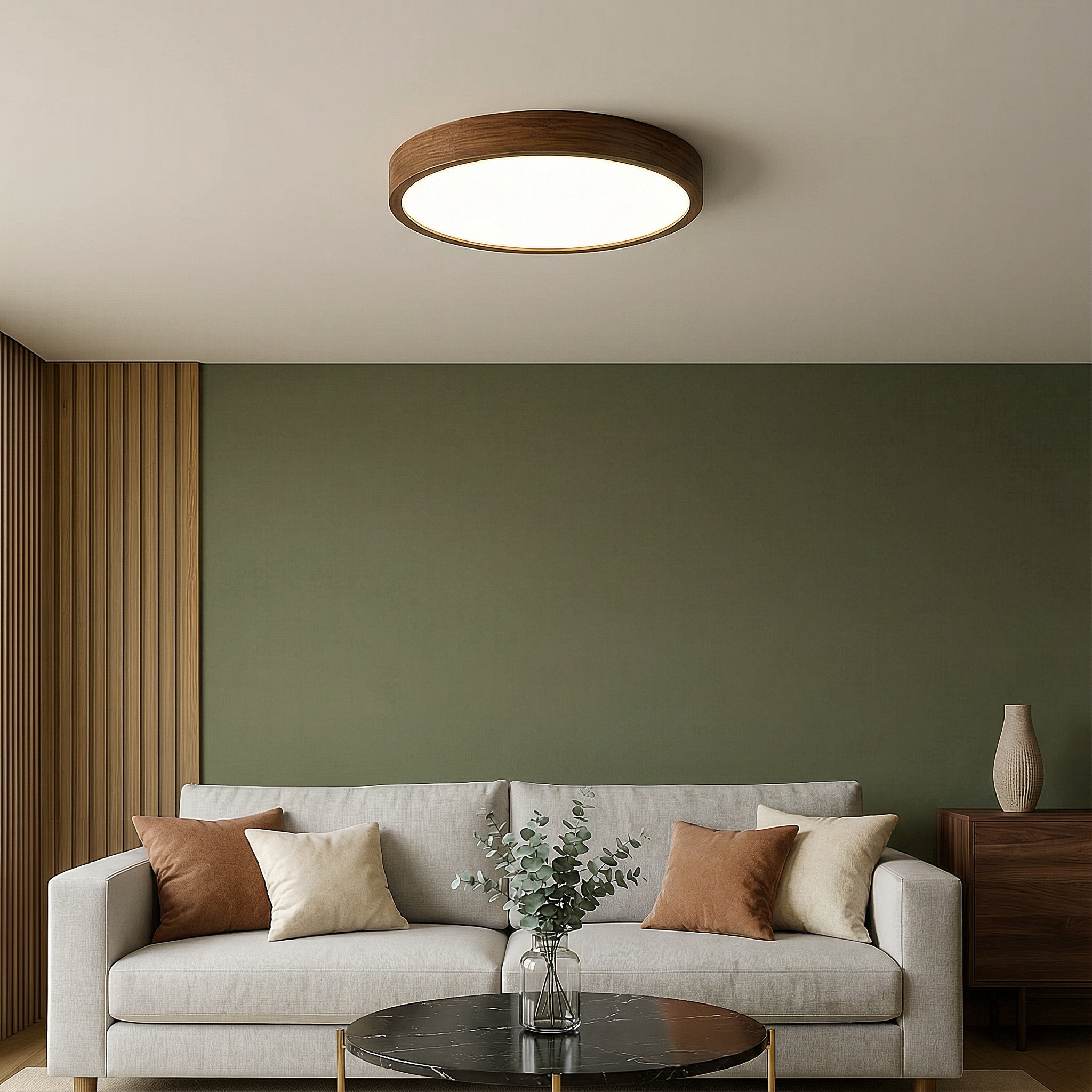TimberGlow Warm Woodgrain Flush-Mount Ceiling Light For Modern Living Spaces And Rooms