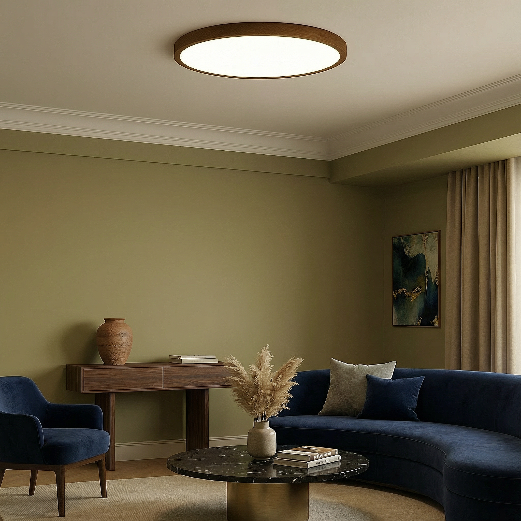 TimberGlow Warm Woodgrain Flush-Mount Ceiling Light For Modern Living Spaces And Rooms